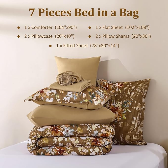 Dobuyly Fall King Size Comforter Set, 7 Pieces Brown Floral Comforter Set, Bed in a Bag King with Botanical Flowers Pattern, Farmhouse Bedding Set with Sheets, Pillowcases & Shams