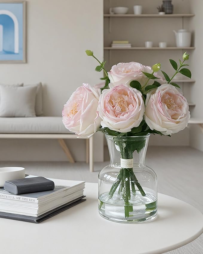 Lifelike Artificial Light Pink Rose Bouquet in Vase - 3D Petals & Stem Design - Table Centerpiece for Wedding, Restaurant, or Home Dining Room