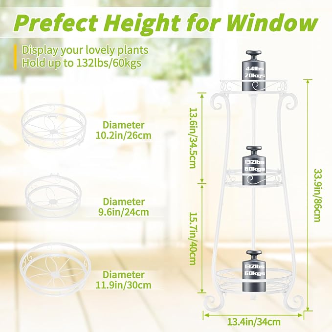 KMOTASUO 3 Tier Metal Plant Stand for Multiple Large Planters Indoor Outdoor Organizer, Heavy Duty Tall Flower Rack for Corner Patio Bathroom Office Corner, Modern Sturdy Vertical Iron Rack, White