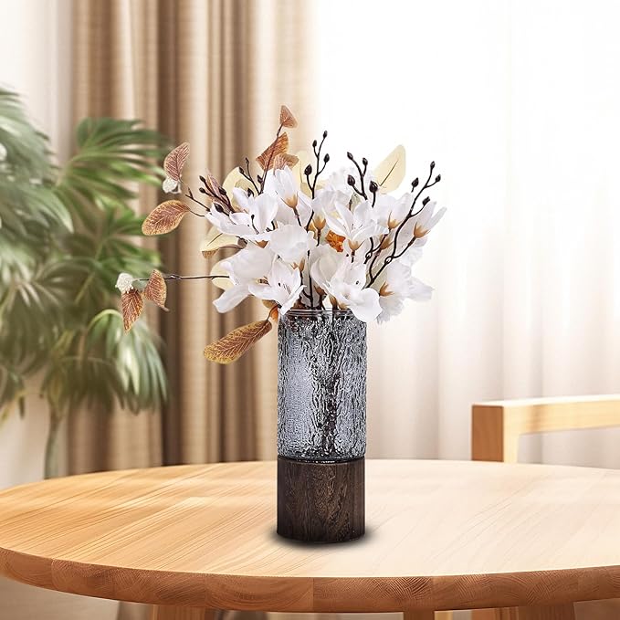 Wooden Vase, Glass Vase with Wooden Base Cylindrical Flower Vase, Classic Boho Rustic Style for Fireplace Bedroom Kitchen Living Room Centerpieces Office Desk, 10" H (Cold Grain)