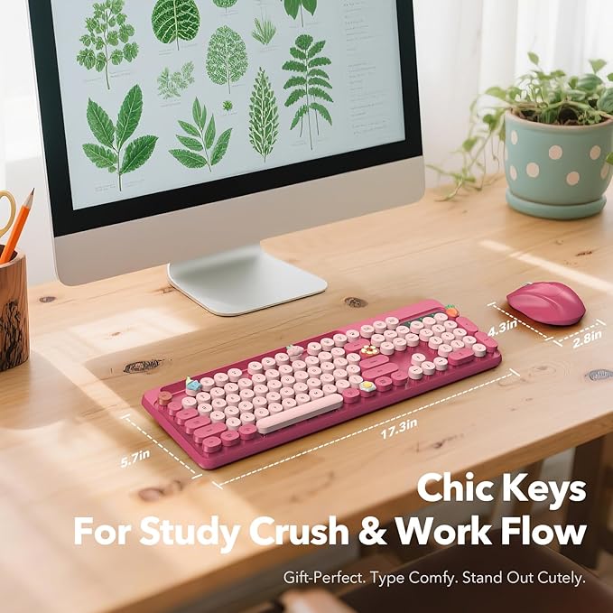 Wireless Keyboard and Mouse Combo, Retro Round Keycaps, Full-Size Cute Typewriter Keyboard with Large Phone/Tablet Holder, Auto-Sleep, 2.4GHz Cordless Connection for Windows/PC/Laptop