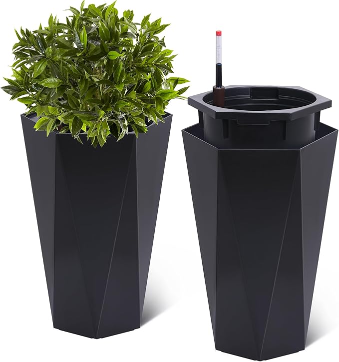 22.4 Inch Tall Planters for Outdoor Indoor Plants Set of 2, Tapered Large Flower Pots with 2 Trays and a Water Level Monitor with Wheels Planter Pots, Plant Pot for Patio, Balcony, Lounge