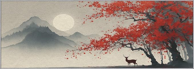 Asian Deer Runner Rug 3x9, Japanese Ink Design, Chinese Area Rug, Washable Carpet Runner for Bedroom, Standard Hallways, Kitchen Walkway, Dining Room Sideboard