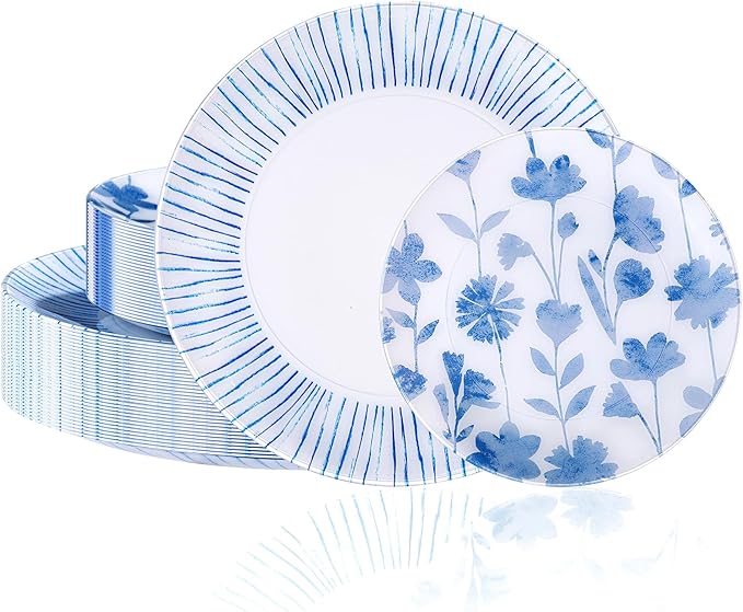 U-QE 50Pcs Blue Plastic Plates - Botanical Stripes Plates Disposable Heavy Duty, Fancy Floral Pattern Perfect for Weddings, Tea Parties, Holidays - 10.25" Dinner & 7.5" Dessert Plastic Plate