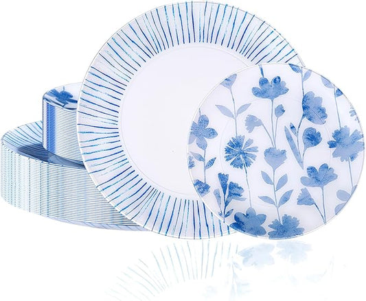 U-QE 50Pcs Blue Plastic Plates - Botanical Stripes Plates Disposable Heavy Duty, Fancy Floral Pattern Perfect for Weddings, Tea Parties, Holidays - 10.25" Dinner & 7.5" Dessert Plastic Plate