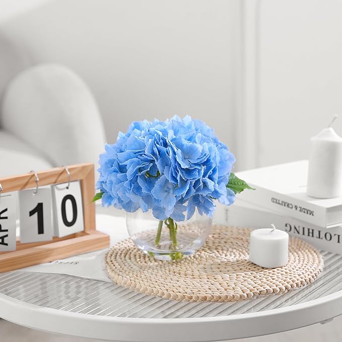 Blue Hydrangea Artificial Flower with Vase Fake Flower in Glass Vase with Faux Water for Home Bathroom Office Table Centerpiece Shelf Decorations Flowers