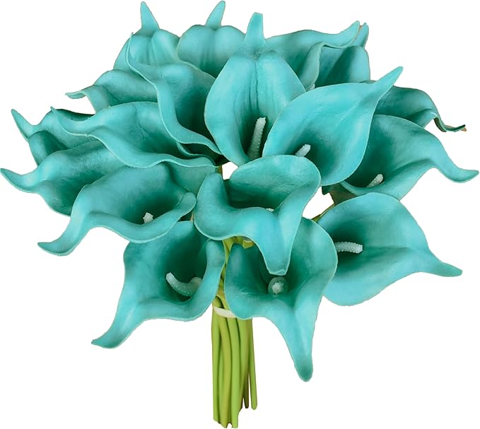 Mandy's PU Teal Calla Lily Artificial Flowers 20 Stems 13.5in Faux Realistic Centerpiece for Thanksgiving and Christmas Decorations DIY Bridal Bouquet Home Décor