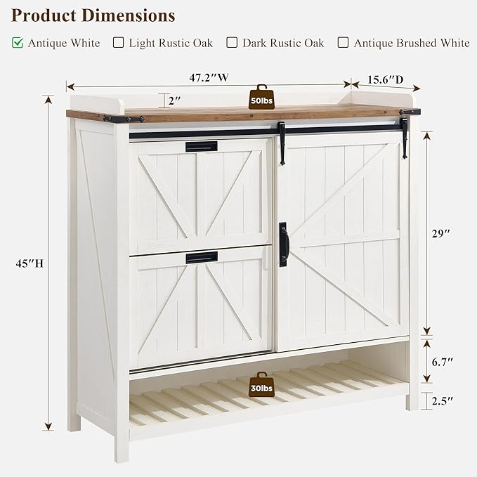 OKD Shoe Storage Cabinet with 2 Flip Drawers & Sliding Door, Farmhouse Entryway Shoe Organizer, Freestanding Rustic Hidden Shoe Rack Cabinet for Entryway, Antique White