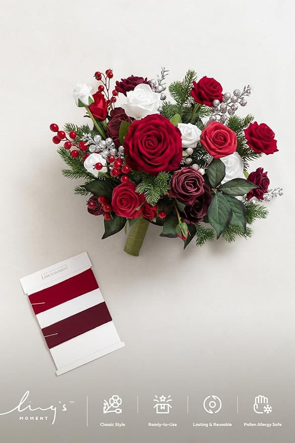 Ling's moment Christmas Red Wedding Bouquets for Bride, Xmas Winter Bridal Bouquets for Bride,13 Inch Free Form Artificial Wedding Flower Bouquet