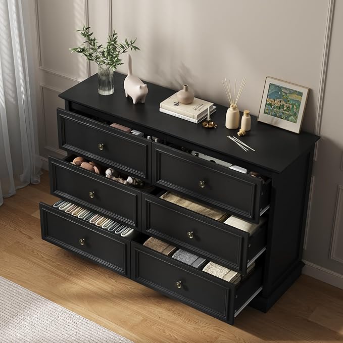 6 Drawer Dressers for Bedroom, Black Wooden Chest of Drawers with Deep Drawers, Closet Dressers with Metal Handle for Bedroom, Living Room