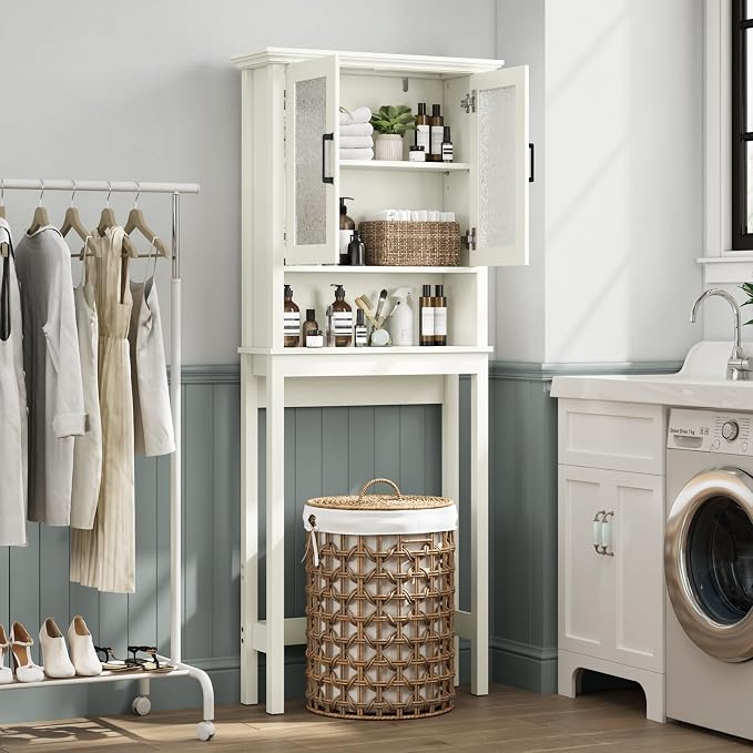 Over The Toilet Storage Cabinet, Over Toilet Bathroom Organizer with Doors and Adjustable Shelf, Thicken Frame Above Toilet Storage Cabinet Behind Toilet Bathroom Organizer, Cream White