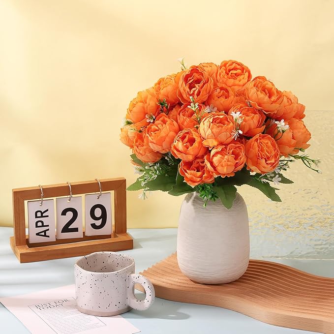 8 Pack Orange Peonies Artificial Flowers, Fall Fake Silk Hydrangea Bouquet for Bridal Wedding Home Table Decor Reusable Dining Opening Ceremony Birthday Arrangement Faux Floral
