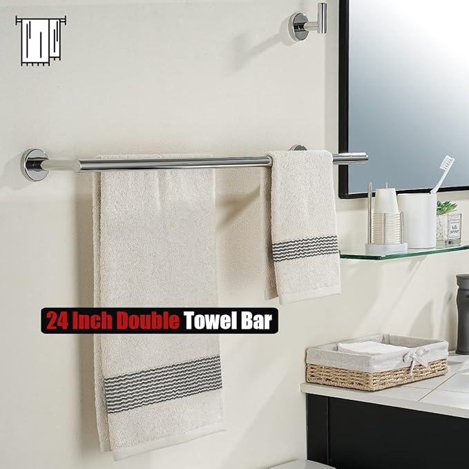 JQK Chrome Towel Bar, 27 Inch 304 Stainless Steel Thicken 0.8mm Double Bath Towel Rack for Bathroom, Towel Holder Polished Chrome Wall Mount, Useable Length 24 Inch 2 Pack, TB100L24-CH-P2