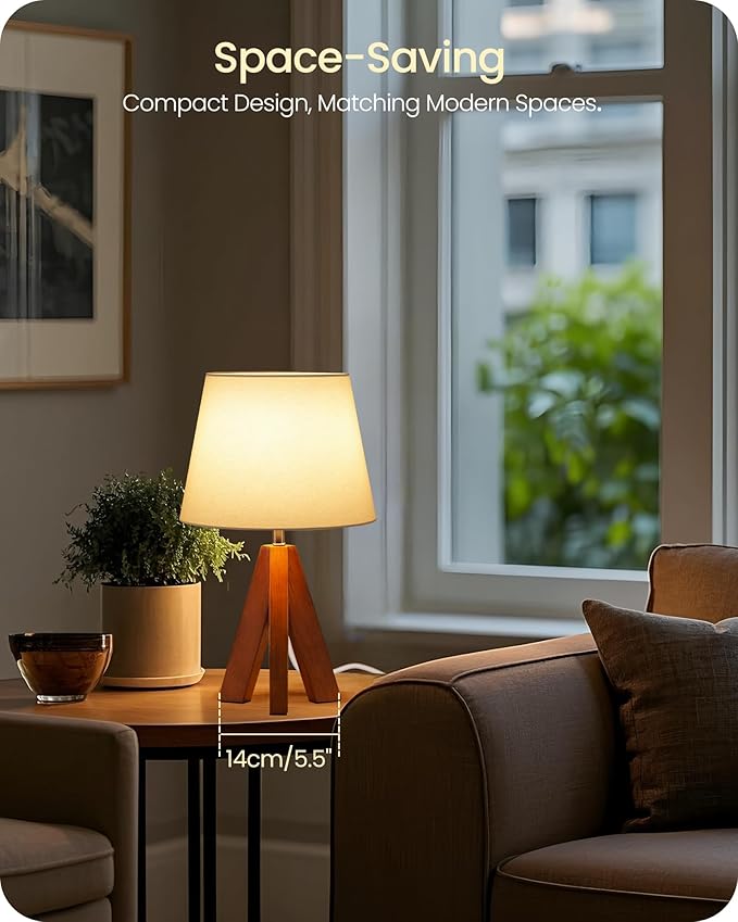 Tripod Table Lamp, Small Bedside Lamp with White Fabric Shade & Dark Wood Base, Modern Nightstand Lamp, Little Cute Desk Lamp for Bedroom, Kids Room, Living Room, Office, Study, LW51TL05