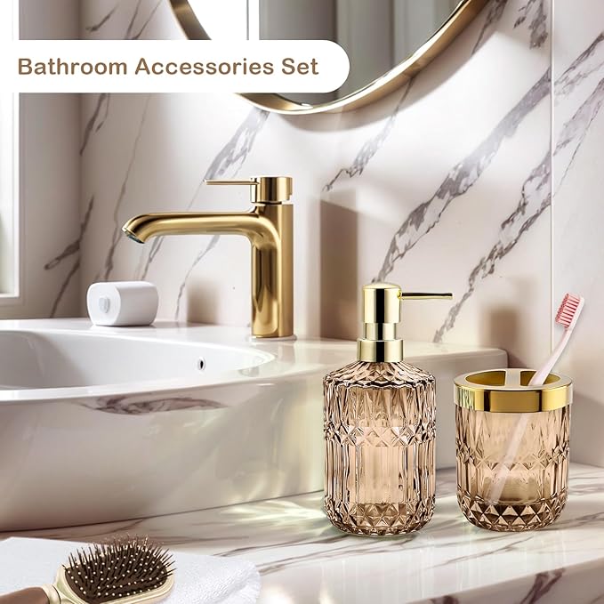 2Pcs Brown Bathroom Accessories Set, Glass Bathroom Accessories, Vintage Bathroom Countertop Decoration Includes Soap Dispenser, Toothbrush Holder