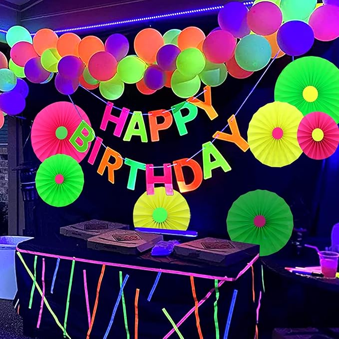 6Pcs UV Neon Party Hanging Paper Fans Flower Glow in The Dark Glow Party Supplies and Decorations Glow in The Dark Blacklight Reactive Fluorescent Black Light Neon Party Supplies for Birthday Wedding