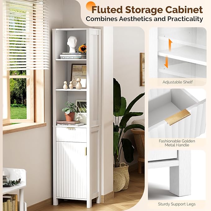VINGLI 68" Tall Narrow Bathroom Storage Cabinet, Slim Freestanding Floor Cabinet with Fluted Door & Drawer, 12 Inch Deep Skinny Wood Organizer for Small Spaces, Kitchen & Living Room, White