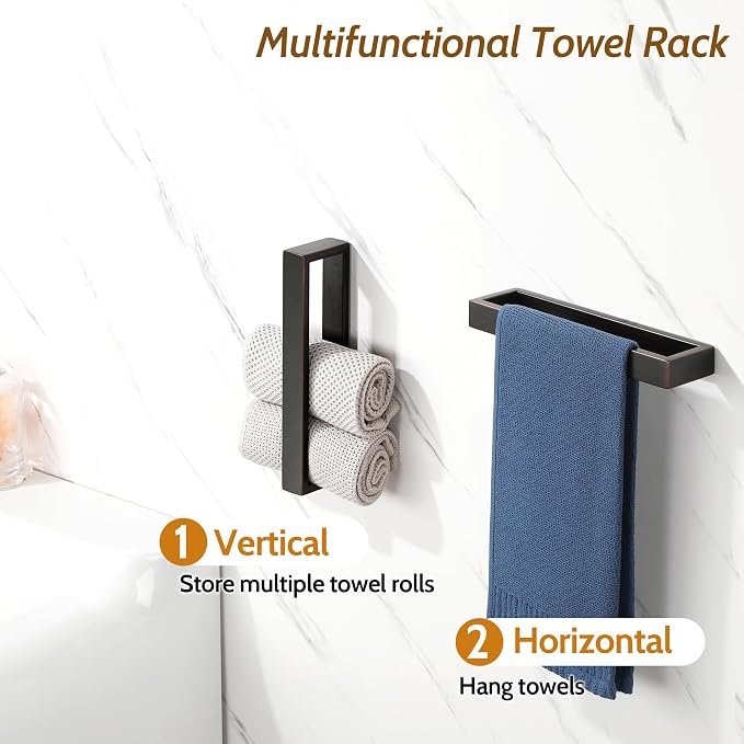 Sayayo Oil Rubbed Bronze Towel Bar for Bathroom, 10 Inch Hand Towel Holder Wall Mount Square Towel Ring SUS304 Stainless Steel Towel Rack