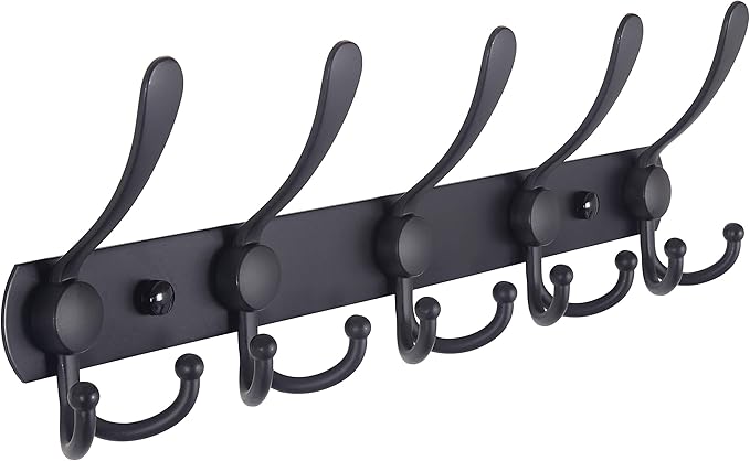 Dseap Coat Rack Wall Mounted - 5 Tri Hooks, Heavy Duty, Stainless Steel, Metal Coat Hook Rail for Coat Hat Towel Purse Robes Mudroom Bathroom Entryway,Black