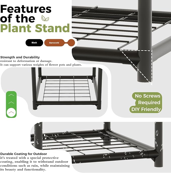 Bamworld Plant Stands Indoor 4 Sets Plant Shelves Outdoor Metal Plant Holder for Multiple Plants Flower Stands for Living Room Balcony Garden Patio Lawn Window Black