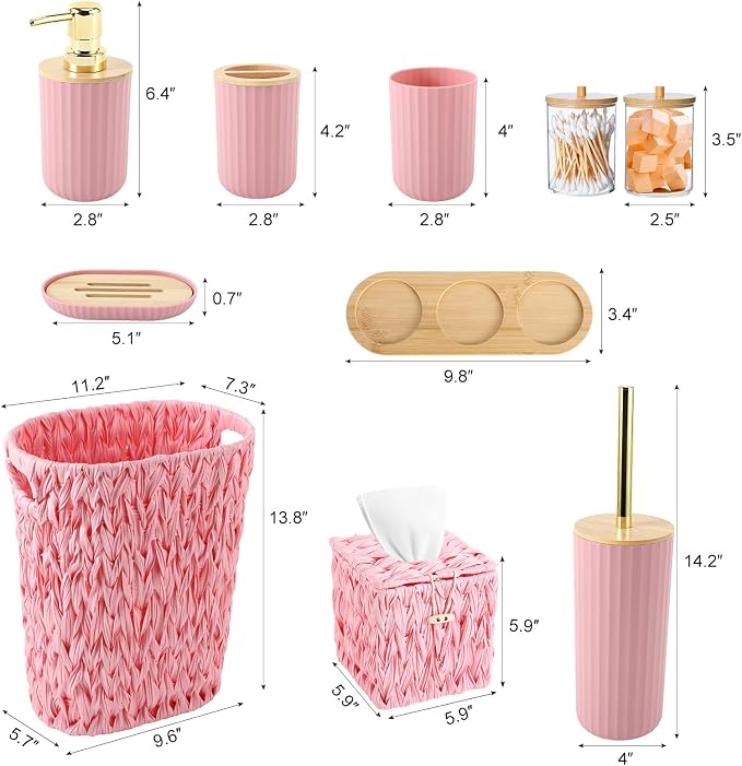 Bathroom Accessory Set, 10 Pieces Bath Set- Wicker Trash Can Tissue Box Soap Dish Toothbrush Holder Rinse Cup Lotion Bottle Toilet Brush Qtip Holder - Practical Bathroom Decor Sets (Pink, Bath Set)