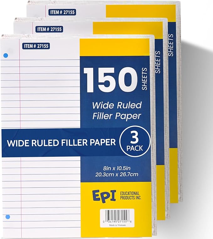EPI Filler Paper | Wide Ruled | Loose Leaf, 3-Hole Punched, 10.5 x 8 in, 150 Sheets | School, Office, Notes, Binder Refill - 3 Pack