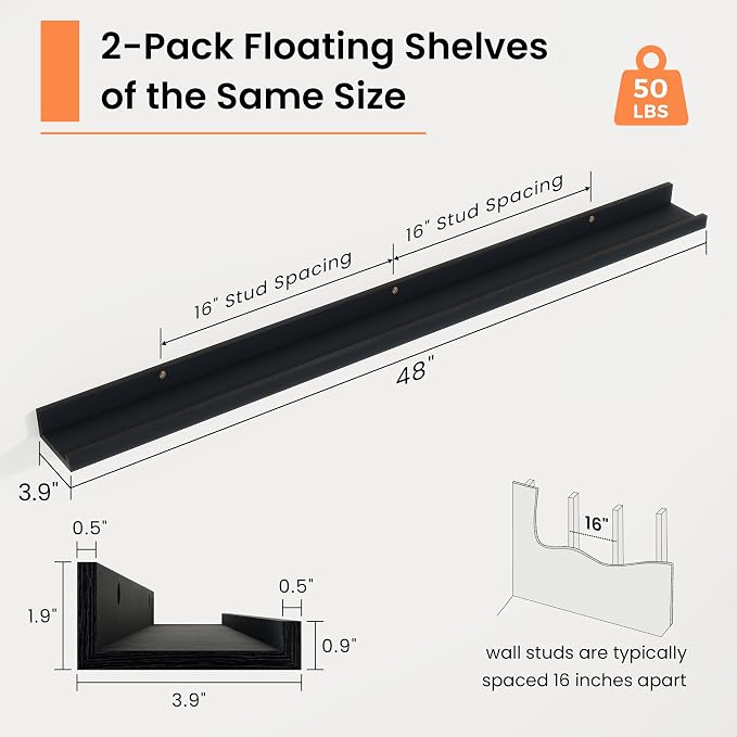 RICHFOCUS Picture Ledge Shelf, 48 inch Floating Shelves Set of 2, Wood Wall Shelves with Lip, Wall Decor Storage for Bedroom Living Room Bathroom Kitchen Nursery Photo Picture, Black