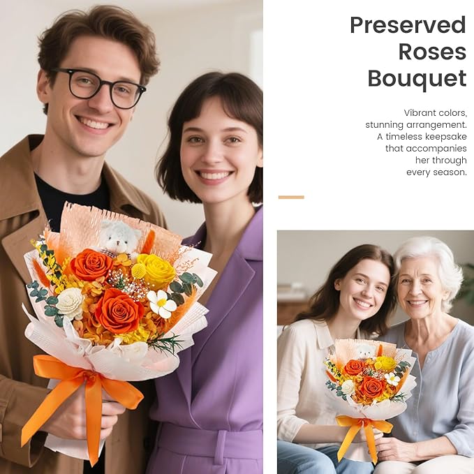 Polylove Forever Flower Bouquet Flowers for Delivery Prime Preserved Roses with Bear Gift Box for Wife Women Mother Day Anniversary Birthday (Orange)