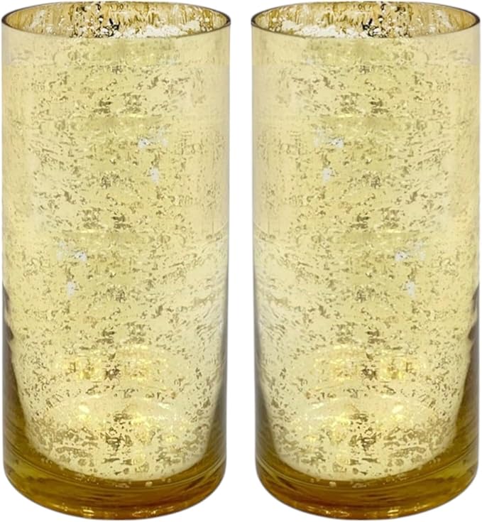 Hosley Set of 2 Mercury Gold Glass Vases – Elegant Flower Pots for Boho Decor, Wedding Gifts, Decorative Centerpieces, Hurricane Style Vase for Home, Events, and DIY Crafts