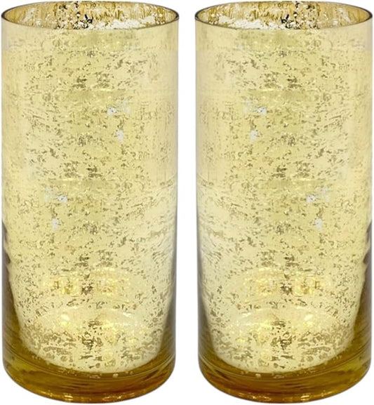 Hosley Set of 2 Mercury Gold Glass Vases – Elegant Flower Pots for Boho Decor, Wedding Gifts, Decorative Centerpieces, Hurricane Style Vase for Home, Events, and DIY Crafts