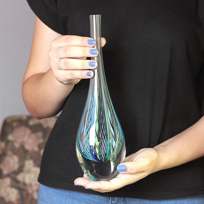 Ca D Oro Small Drop Glass Vase Boho with Blue/Green Canes Hand Blown Murano-Style Art Glass - Model Tall