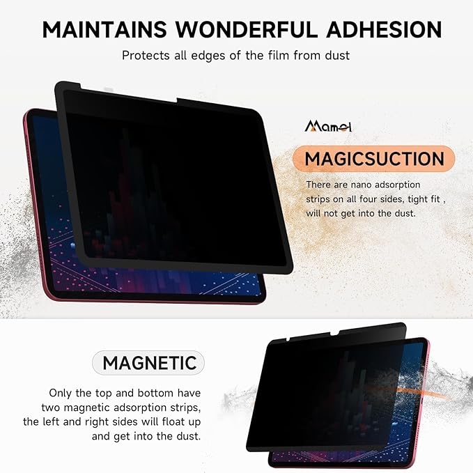 Mamol Upgrade 360° Privacy Screen Protector for Apple iPad Pro 11 inch 5th M4 2024/ 6th M5 2025, Magicsuction 4-Way Anti Spy Glare Blue Light Filter, High Sensitive/Bubble Free/Reusable