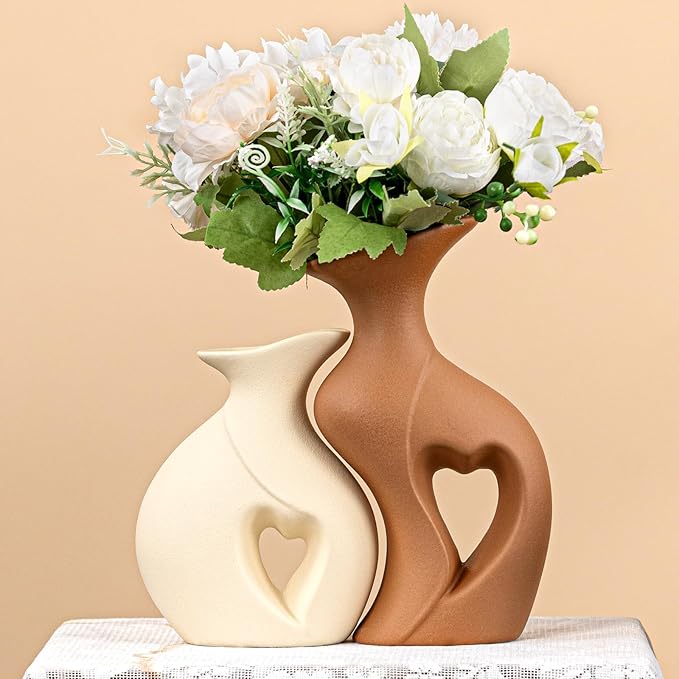 Heart Linked Couple Vase Set - 2-Pcs Beige & Brown Ceramic Vases with Hollow Heart Design, Romantic Gifts for Couples, Wedding Decor for Couple,Decorative Vase for Living Room/Dresser