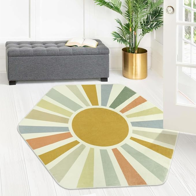 STARUIA Boho Washable Rug for Kids Play Room, 4'x 4'7" Hexagon Tent Colorful Sun Nursery Corner Rugs for Girls Boys, Ultra Soft Non-Slip Sunshine Carpet Play Rug for Princess Room Decor Classroom