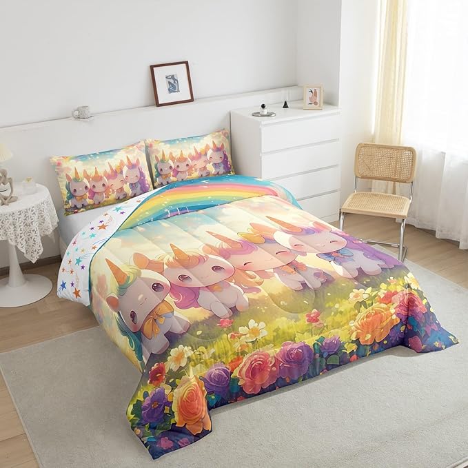 Unicorn Comforter Set King Size,Reversible Cute Unicorn Rainbow Cartoon Horse Animal Bedding Set All Season Quilt Set,Kawaii Style Flowers Galaxy Cloud Microfiber Polyester Down Comforter