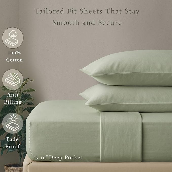 Threadmill 100% Cotton Deep Pocket/Soft/Fade Resistance, 500 Thread Count, Solid 4-Piece Full Size Bed Sheet Set (1 Flat, 1 Fitted Sheet, 2 Pillow Covers), Sage Green