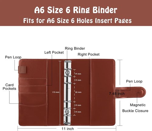 Antner A6 Binder - Refillable PU Leather Notebook & Budget Planner | Brown Cash Organizer with Magnetic Closure