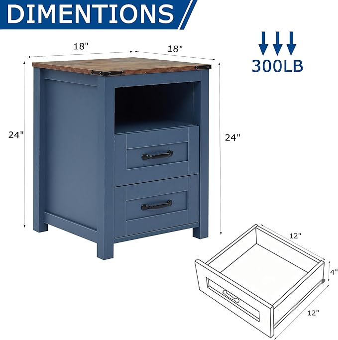 Farmhouse Night Stand, Rustic Blue Nightstand for Bedroom, End Tables Without Charging Station, Bedside Table with Drawers, Wood Bedside Cabinet Dresser