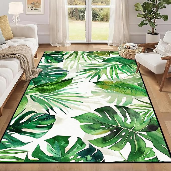 4'x6' Tropical Palm Leaf Rug Monstera Banana Leaves Floor Mat for Bedroom Living Room Nursery Playroom Classroom Home Decor Washable Low Pile Green Botanical Area Rug