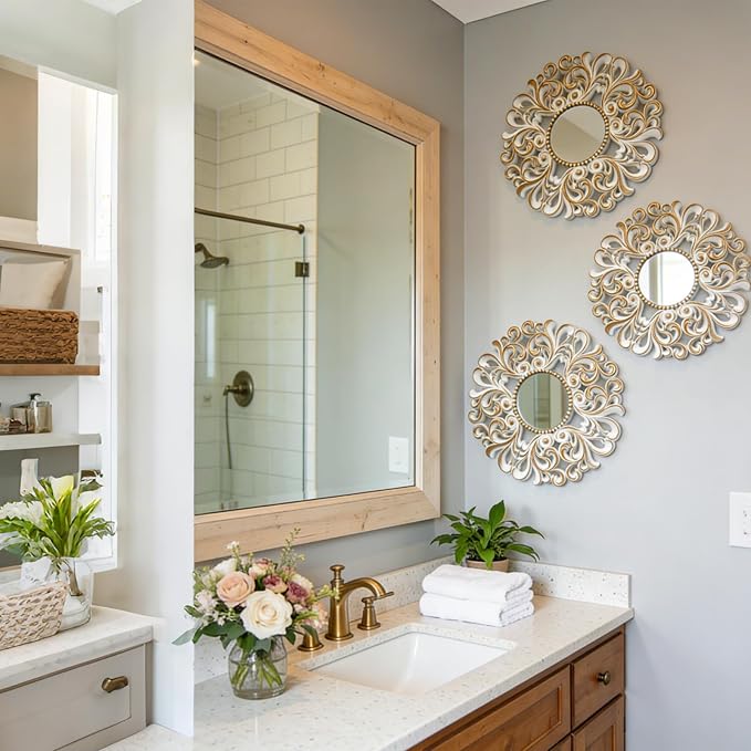 DXYAKY 3 Pack Floral Ornate Decorative Wall Mirror - Elegant White with Gold Accents, 9.8" Plastic Round Mirror Set, Lightweight Wall Art Décor for Bedroom, Bathroom, Living Room & Entryway