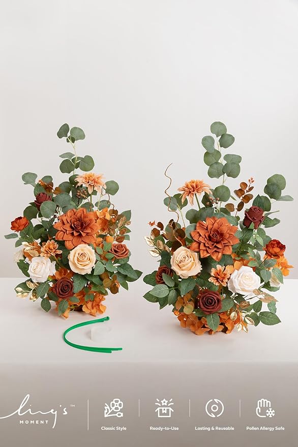 Ling's moment 17.5" Tall Standing Artificial Flowers Arrangements 2 pcs Wedding Aisle Runner Chair Decorations Terracotta & Burnt Orange Centerpieces for Ceremony Reception Rose Floral Party Outdoor