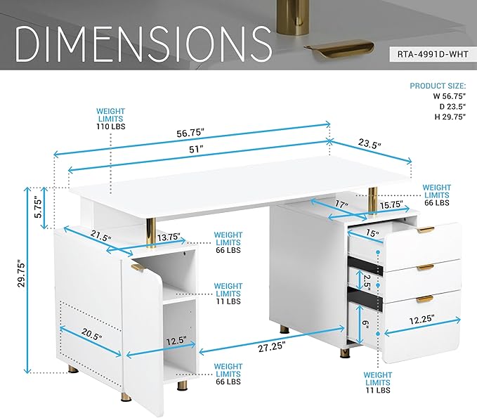 Elegant 56.75" W Executive Desk with 3 Drawers and Storage Cabinet, Modern Office Desk with Gold Accents, Floating Work Surface, Closed Storage with Ventilation & Adjustable Shelf (White,Gold)