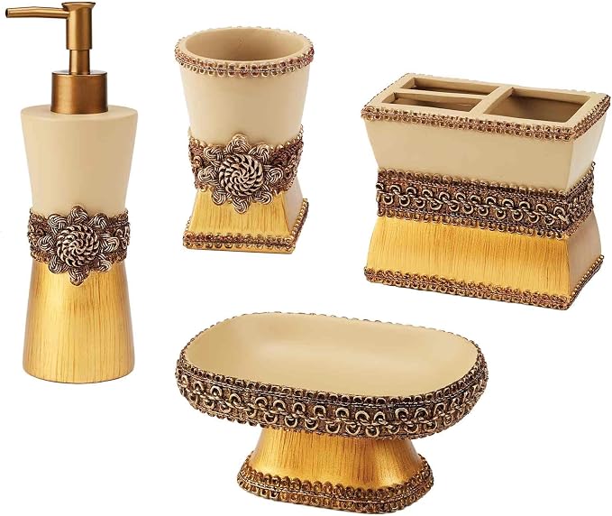 Avanti Linens - Accessory Set, Resin Tumbler, Toothbrush Holder, Soap Dish & Lotion Pump, Durable Bath Decor (Braided Medallion Collection, Gold)