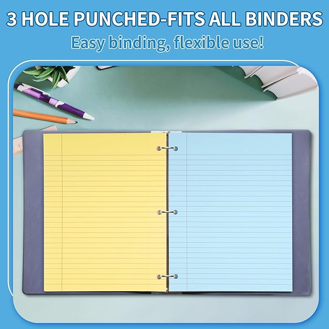 6 Color Loose Leaf Paper College Ruled, 120 Sheets 8" X 10.5" Colored Notebook Paper, 3-Hole Punched 70 Gsm Lined Paper For 3-Ring Binders, Loose Leaf Office Paper