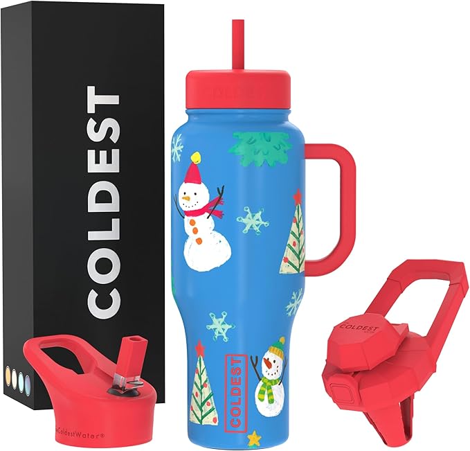 Coldest Tumbler with Handle and Straw, 100% Leak Proof Insulated Tumbler with Lid and Straw (3 Lids), Stainless Steel Tumblers for Women & Men, Cup Holder Friendly Base, 36 oz (Mr. Snowie)