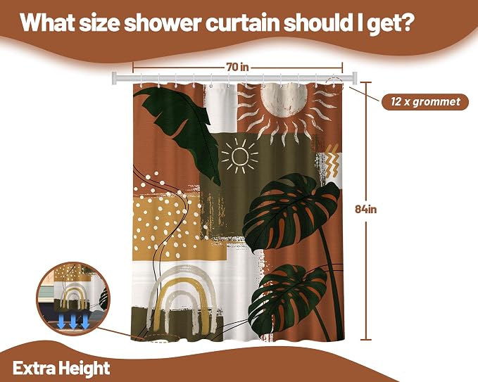 Mid Century Modern Shower Curtain Boho Abstract Tropical Leaf Shower Curtains for Bathroom Decor Sets, Waterproof Cloth Fabric with Hooks, 72x84 Inch