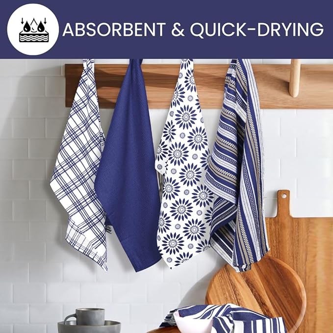 Assorted Kitchen Towels Large 16x26 inches 100% Cotton Set of 5 - Soft Absorbent Washable Tea Towel for Kitchen - Dish Cloths with Hanging Loop - Quick Drying Dish Towels Navy Blue