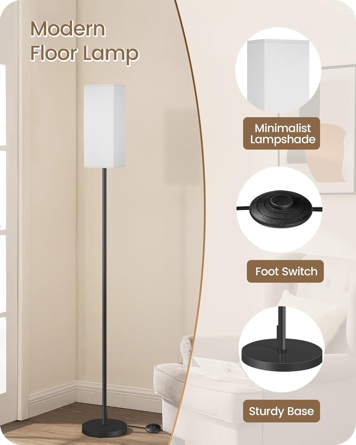 Skiennix Modern Floor Lamp - Minimalist Standing Lamp with Foot Switch | Black & White Design for Living Room, Bedroom, Office