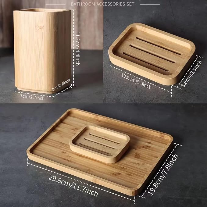 4Pcs Handmade Bamboo Sink & Bathroom Accessories Set Retro Set, Natural, Soap Dish Holder for Shower, Lotion Soap Dispenser, Mouthwash Cup, Rinse Cup, Organiser Tray for Hotel, House, Office