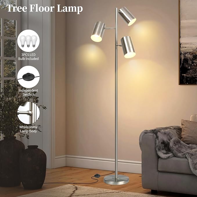 Tree Floor Lamp with 3 Light Bulbs,Nickel Standing Tall Pole Lamp with 3 Adjustable Rotating Lights,Farmhouse Floor Lamp for Living Room Bedroom Office,Vintage Standing Lamp 9W E26 LED Bulbs Included.